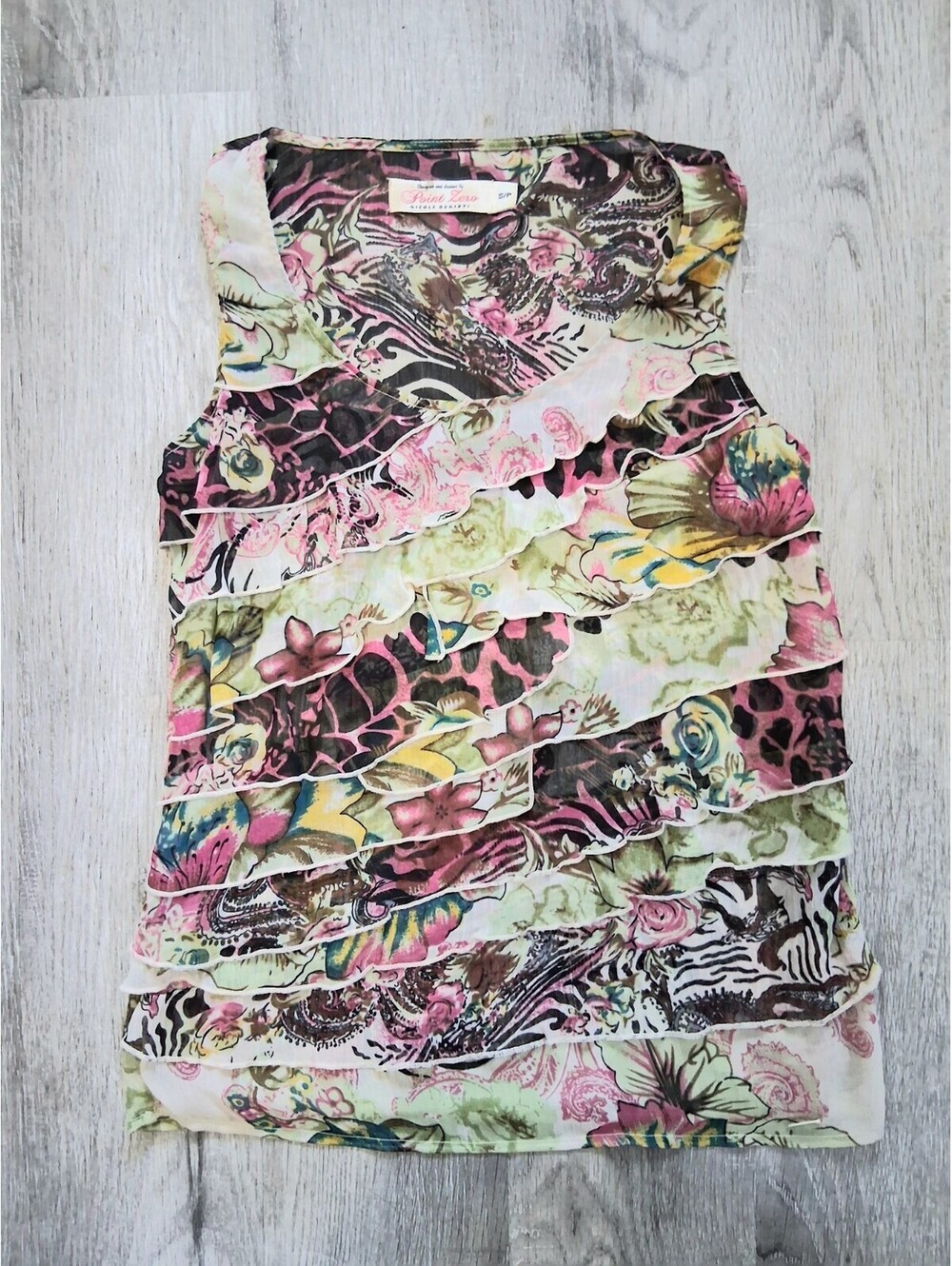 Vintage Y2K Point Zero Woman's Sm Sheer Mesh Ruffle Tank Top  Animal Print